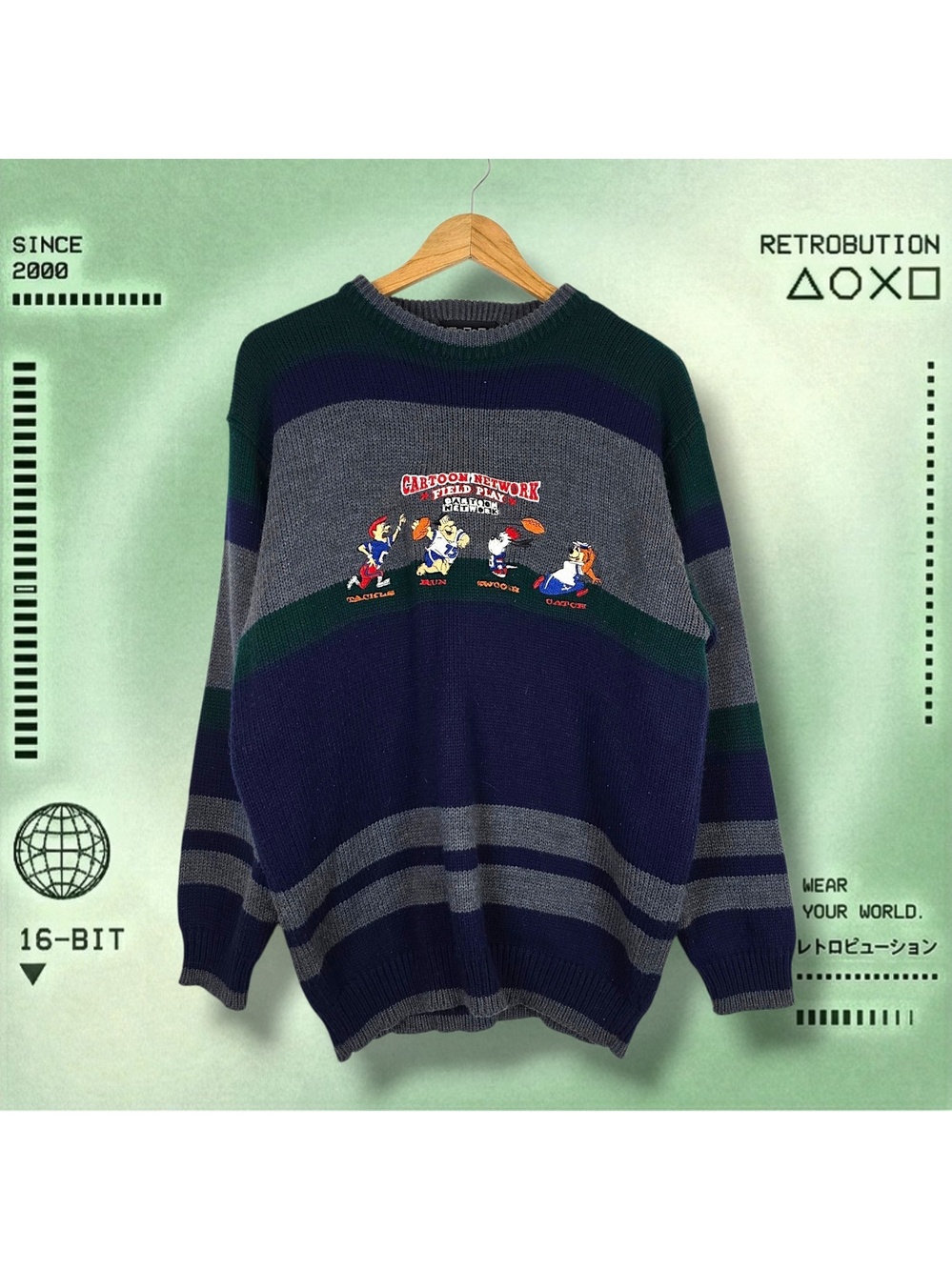 Vintage 90s Cartoon Network Flintstones Jetsons Knit Sweater Blue Size L